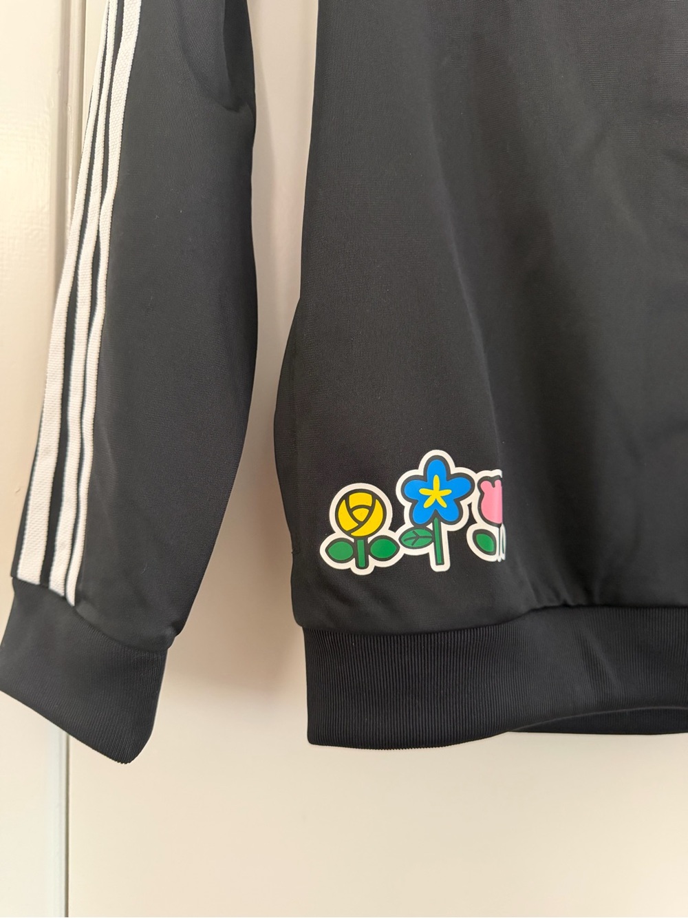 adidas Black Track Jacket with White Stripes and Floral Embroidered Patch - Picture 3 of 6